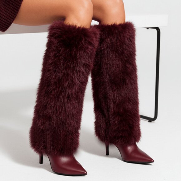 Burgundy Women's Knee High Fuzzy Faux Fur Stiletto heeled Boots - Picture 8 of 8